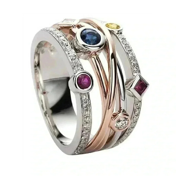 Gorgeous 14k Rose Gold Sterling Silver Diamond Multi Precious Stone Ring - Picture 5 of 8